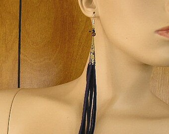 Deep Purple Leather Tassel earrings with brass filigree cones and purple iris crystal beads, 11" long with French ear hooks