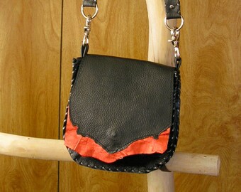 Black and Metallic Sangria Leather Purse, Cross-body Bag, whip-stitched, magnetic snap, 44" removable leather strap, 7" x 7"  x 1.5"