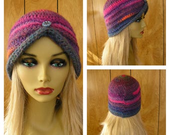 Crochet wool blend turban hat, Mauna Loa, blue, purple and hot pink wool blend yarn with a metal button, will fit most, 21" around