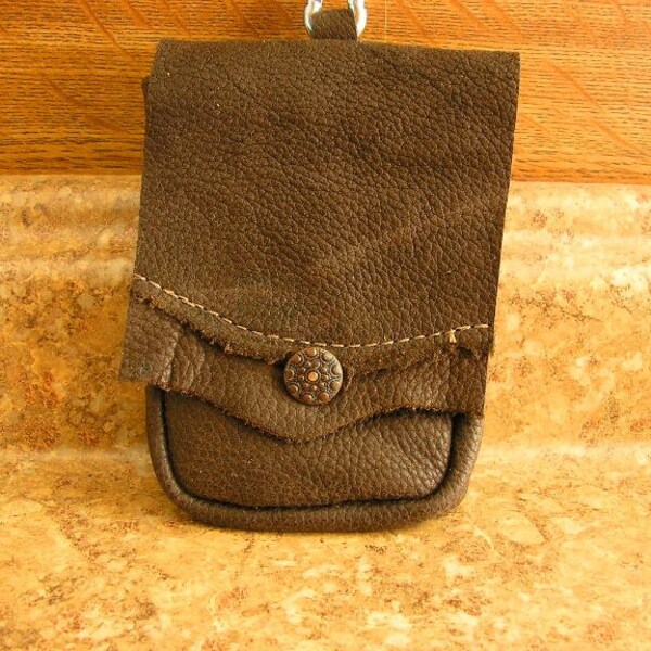 Coco leather Cell phone bag with vintage button closure, spring clip and belt loop 5" x 3" x 3/4"