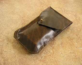 Cell Phone Sleeve - Brown Leather cell phone bag with ball button 5" x 2 3/4, with a ball button