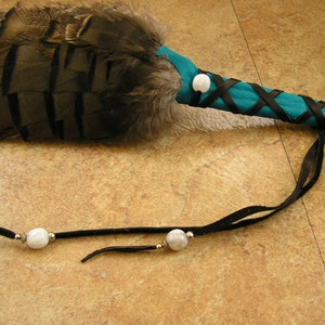 Turkey Feather Fan 16.5 long with wing section, wrapped in turquoise deerskin leather, white agate gemstone & silver beads 1806 image 3