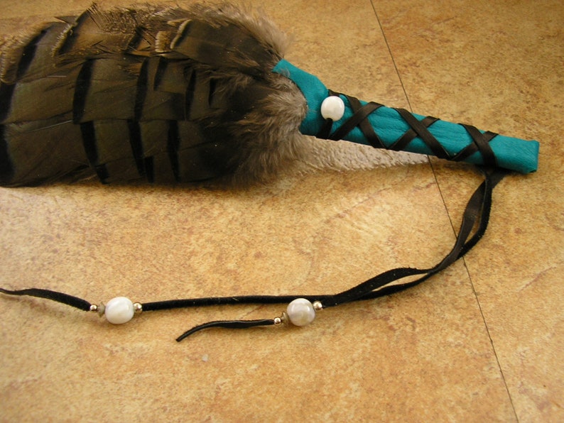 Turkey Feather Fan 16.5 long with wing section, wrapped in turquoise deerskin leather, white agate gemstone & silver beads 1806 image 3