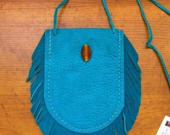 Leather cell phone, mini purse with a long neck string, hand cut fringe and glass bead, 4 3/4" x 3" with 1" fringe - 4 to choose from