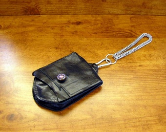 Royal Blue Leather Clip on Hip Bag with wristlet strap, layered leather, 5 1/4" x 4 " x 3/4" with a Mandala glass button and spring clip