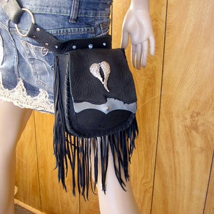 MatureWings, Leather belt with hip bag, size 26&quot; to 47&quot;, 1 1/2&quot; wide black leather belt with attached 7&quot; x 6&quot; x 1 1/2&quot;  hip bag, & leg strap