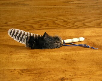 Turkey Feather Fan 15" long with one wing feather, wood handle, glass spider web, blue leather, sodalite gemstone & brass beads #W1804