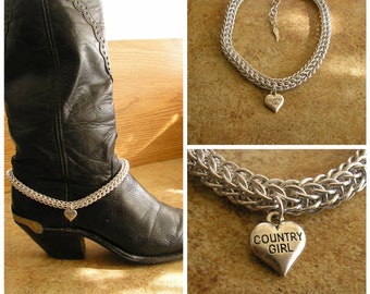 Chainmail Boot Bracelet with country girl charm, 12" long, 1/4" aluminum jump rings, with a lobster clasp and 2" extender chain.