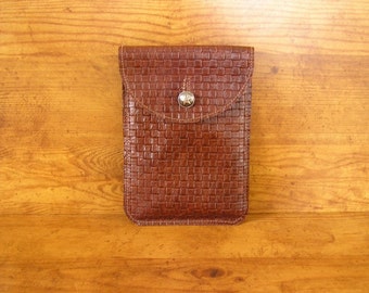 Brown Leather Electronic Tablet Sleeve - 6" x 8", Chestnut embossed basket weave with a five point star button, Texas Star, handmade in USA