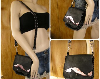 Black and Metallic Pink Leather Purse, Cross-body Bag, whip-stitched, ball button, 44" removable leather strap, 7" x 7"  x 1.5"
