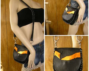 Black and Metallic Orange Leather Purse, Cross-body Bag, whip-stitched, magnetic snap, 22" drop, removable leather strap, 7" x 7"  x 1.5"