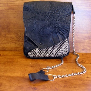 Mature Black Lambskin Leather and Chainmail Purse  with a spike button - 10&quot; x 8&quot; x 1 1/2&quot;, and 50&quot; choke chain strap