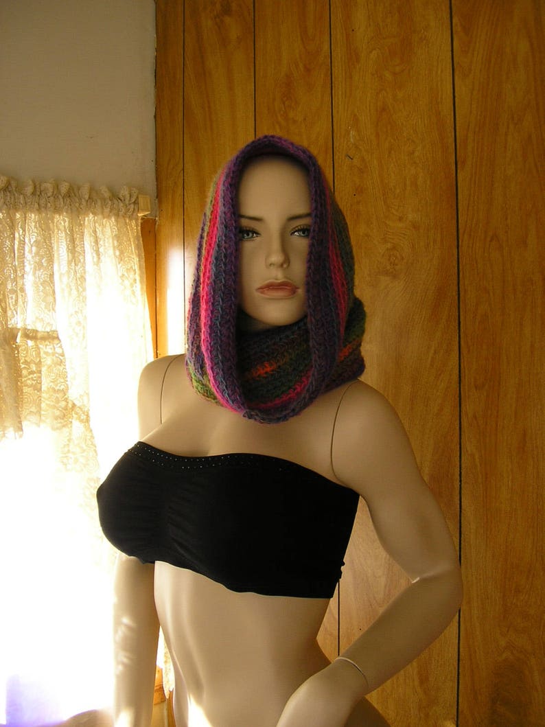 hood hand crochet in blended shades Crochet wool blend hooded cowl cowl it is 28 around and 16 long pixie hood infinity scarf