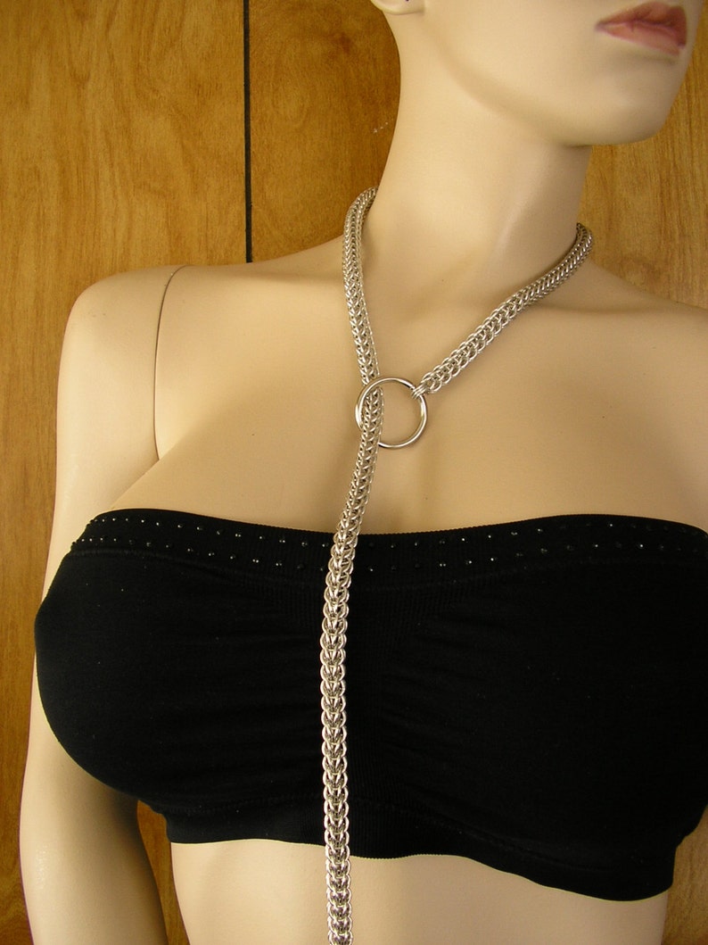 Chainmail choke chain leash, total length is 34, Full-Persian weave made with aluminum rings is 32, o-ring with handcuff charms image 3