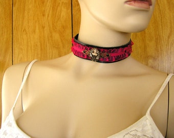 Fairy garter choker, hot pink ribbon and black leather choker, glass and brass charm with brass brads, 1 1/4" wide, with leather ties