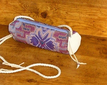 Handmade - Cross body purse made with Deerskin leather and Art Deco tapestry fabric - 9 1/2" x 3", 30" braided strap, zipper