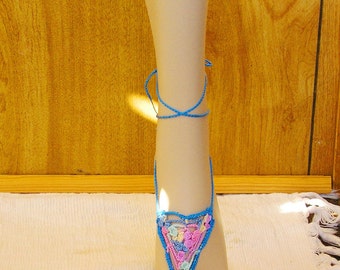 Handmade - Pastels with Blue trim  Lace  Barefoot Sandals - cotton thread - one size fits all