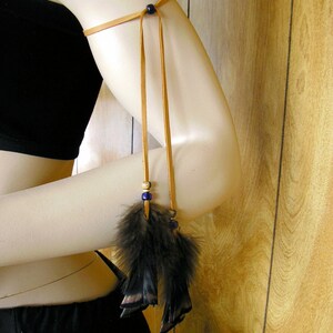 Honey leather and wild turkey feather arm band, made with deerskin leather with blue trade beads image 5