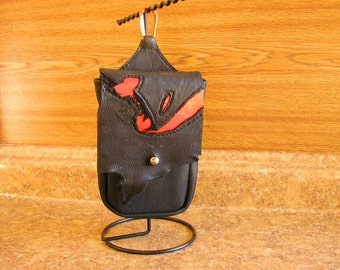 Ripped-Look Black leather with Metallic Sangria leather clip on cell phone hip bag, 5" x 4" x 1"with a metal ball button