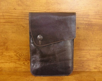 Brown Leather Electronic Tablet Sleeve, 10 1/2" x 7 1/2", Espresso cowhide with a bronze shield button, brown leather case, handmade in USA