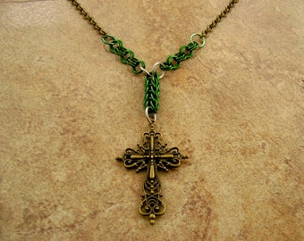 Cross Necklace, 2 1/2" antique brass cross with green chainmail on a 28" antique brass rolo chain