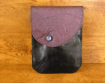 Black and Purple Leather Tablet Sleeve - 6" x 8", Purple Pebbled and  Black cowhide leather with a night sky glass button, handmade in USA