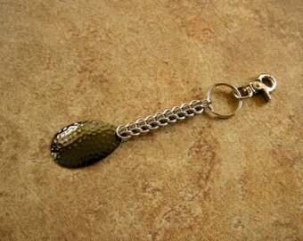 5.75" - Chainmail Keychain,  with a gun-metal  tone metal charm on a 1" key ring with a trigger clip