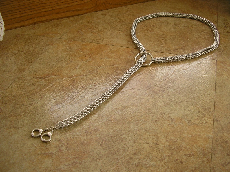 Chainmail choke chain leash, total length is 34, Full-Persian weave made with aluminum rings is 32, o-ring with handcuff charms image 5