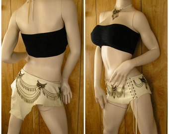 Leather hip belt, loin cloth, almond lambskin with brass connectors, chains and drops, size 36", laces up on front sides