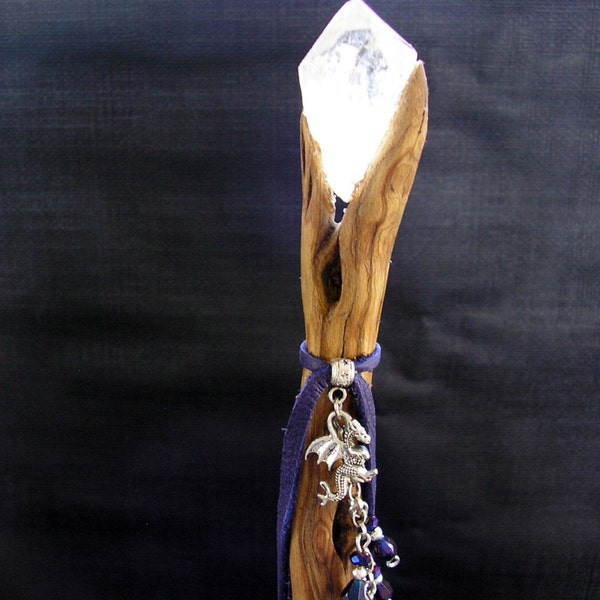 Dragon ~ Sage and Crystal Wand  - 18" long  - Crystal point, purple Czech crystal and Cragon charm on a purple tassel  (#1466)