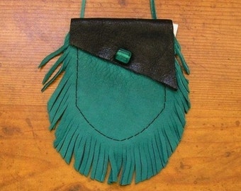 Deerskin leather pouch, with a long neck string, hand cut fringe and glass bead, 3 3/4" x 2 3/4" - 4 to choose from, handmade in USA