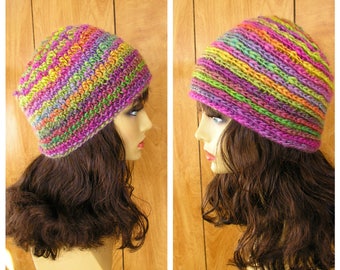 Reversible crochet hat, fuschia, lime, raspberry, blue acrylic yarn,  will fit most, 20" around does have some stretch