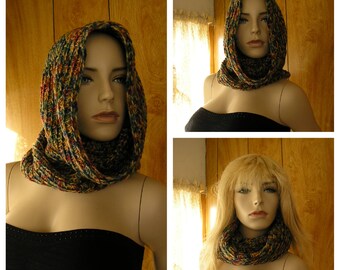 Crochet hooded cowl, cowl, infinity scarf, hood, pixie hood, hand crochet in blended shades, it is 24" around and 18" long