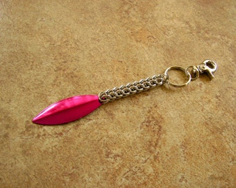 6.5" - Chainmail Keychain,  with a Hot Pink metal charm on a small key ring with a trigger clip