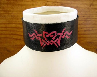 Black and Pink Leather collar choker with pink tribal heart design  - 1 1/2" wide, and 14" long adjustable to 14 1/2"