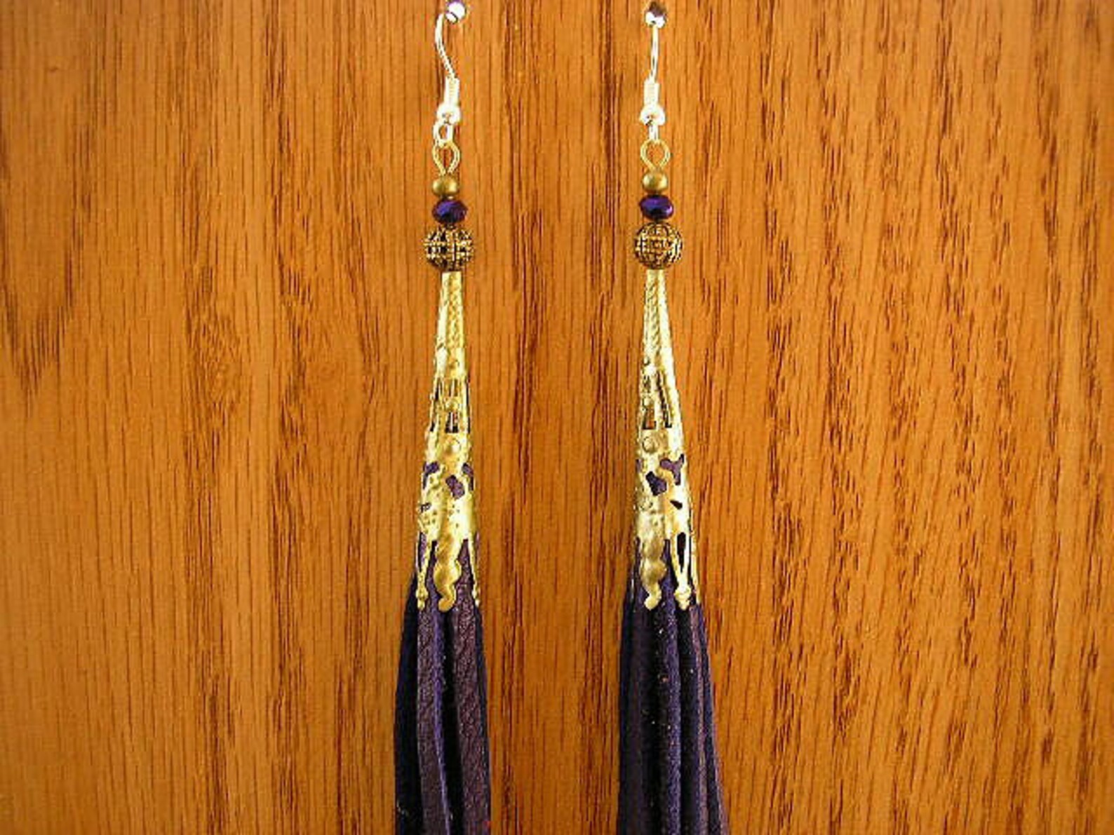Deep Purple Leather Tassel Earrings With Brass Filigree Cones Etsy