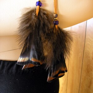 Honey leather and wild turkey feather arm band, made with deerskin leather with blue trade beads image 2