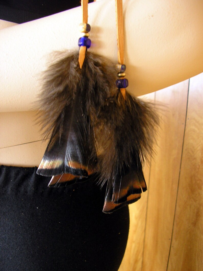 Honey leather and wild turkey feather arm band, made with deerskin leather with blue trade beads image 2