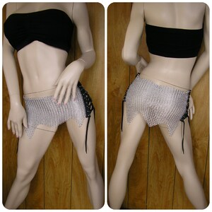 Mature Chainmail loincloth, Unisex, black leather lace up sides, with silver grommets & leather laces, will fit 28&quot; adjustable up to 32&quot;