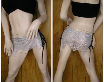 Chainmail loincloth, Unisex, black leather lace up sides, with silver grommets & leather laces, will fit 28" adjustable up to 32"