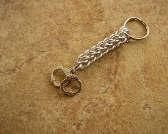 Handcuffs chainmail keychain, 2.75" long with a 3/4" keyring, charm is 1/2"
