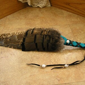 Turkey Feather Fan 16.5 long with wing section, wrapped in turquoise deerskin leather, white agate gemstone & silver beads 1806 image 4