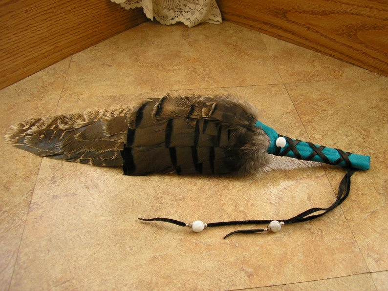 Turkey Feather Fan 16.5 long with wing section, wrapped in turquoise deerskin leather, white agate gemstone & silver beads 1806 image 4