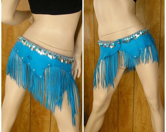 Leather hip belt with chainmail, size 34", Cerulean Blue deerskin leather with fringe, silver tone & shell shaped drops, rhinestones