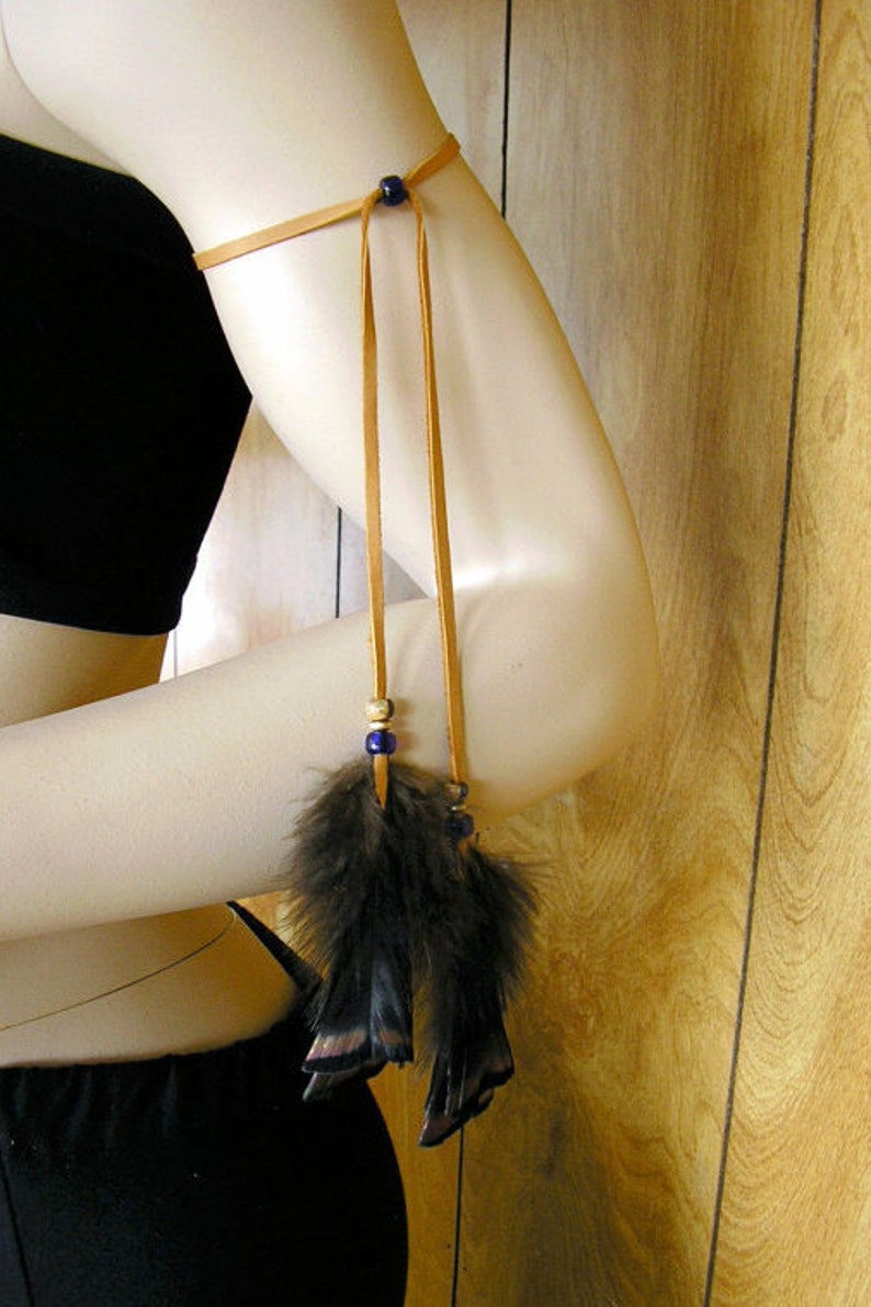 Honey leather and wild turkey feather arm band, made with deerskin leather with blue trade beads image 1