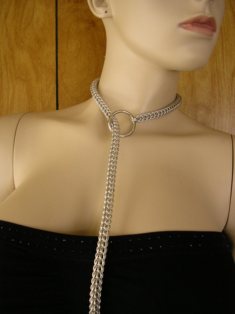 Chainmail choke chain leash, total length is 34, Full-Persian weave made with aluminum rings is 32, o-ring with handcuff charms image 4