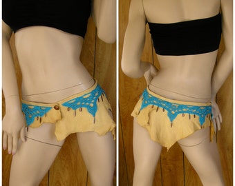 Leather hip belt, cream deerskin with crochet Caribbean blue lace, copper drops and button, size 35"