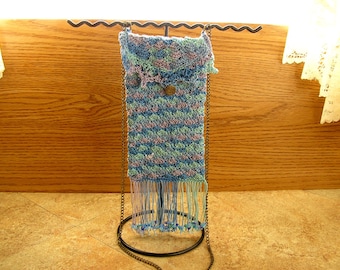 Cell Phone Mini Bag-  The Blues Crochet  cell phone bag with brass button  6" x 3 1/2" with a 22"  chain strap, and beaded fringe