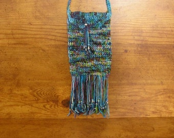 Smart Phone bag, Ocean hand crochet cell phone bag with silver button,  6" x 4 1/4" , a 24"  strap, and beaded fringe, handmade in USA