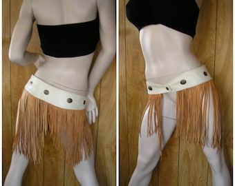 Leather hip belt, almond lambskin with long honey deerskin leather fringe, brass conchos and metal button,  size 32"